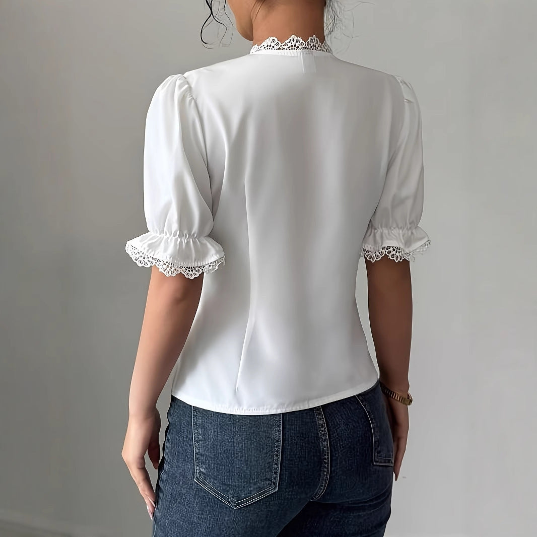 Women's Casual Short Sleeved V-neck Lace Up Pleated Patchwork Solid Color Shirt