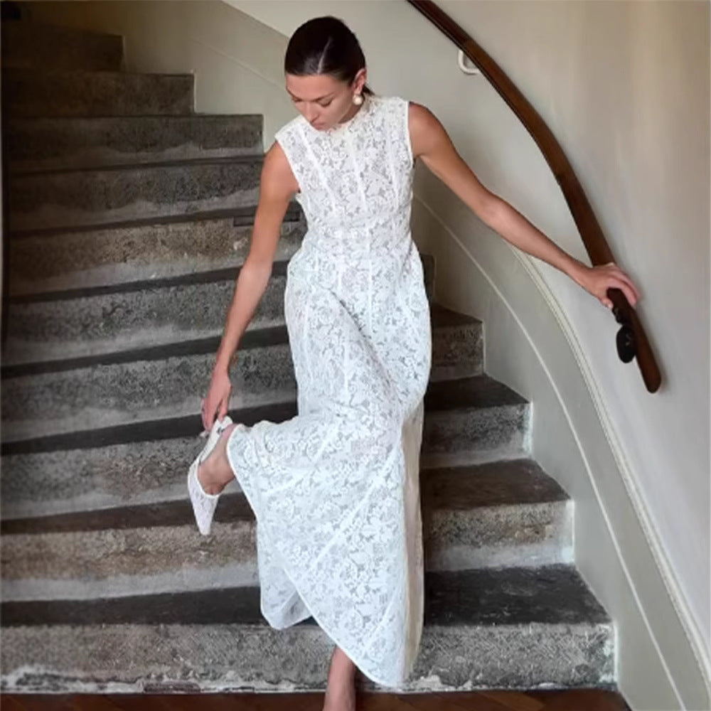 Half Turtleneck Sleeveless Lace.High Waist Slim Fit Dress European And American