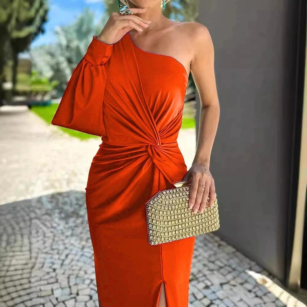 Women's Diagonal Shoulder Knot Split Solid Color Slim Fit Dress