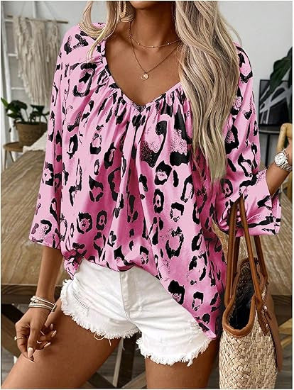 Spring And Summer Women's Top Leopard Print V-neck Pleated Seven Quarter Sleeve Shirt Temperament Commuting
