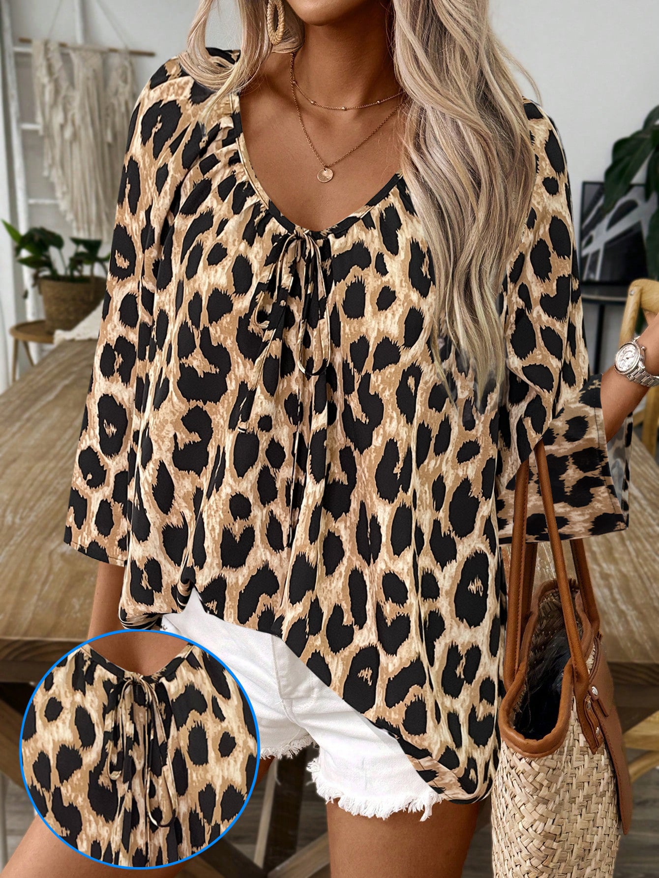 Spring And Summer Women's Top Leopard Print V-neck Pleated Seven Quarter Sleeve Shirt Temperament Commuting