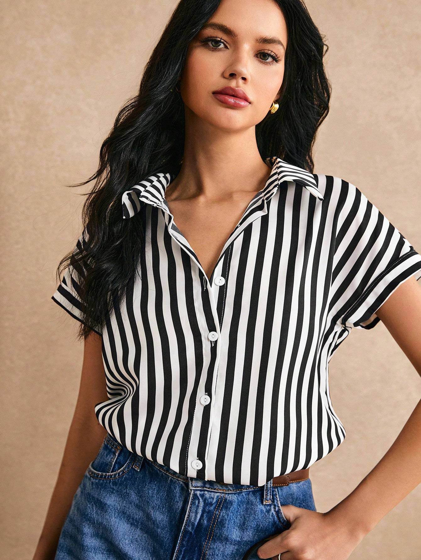Chemise Rayures Manches Chauve-Souris Bouton