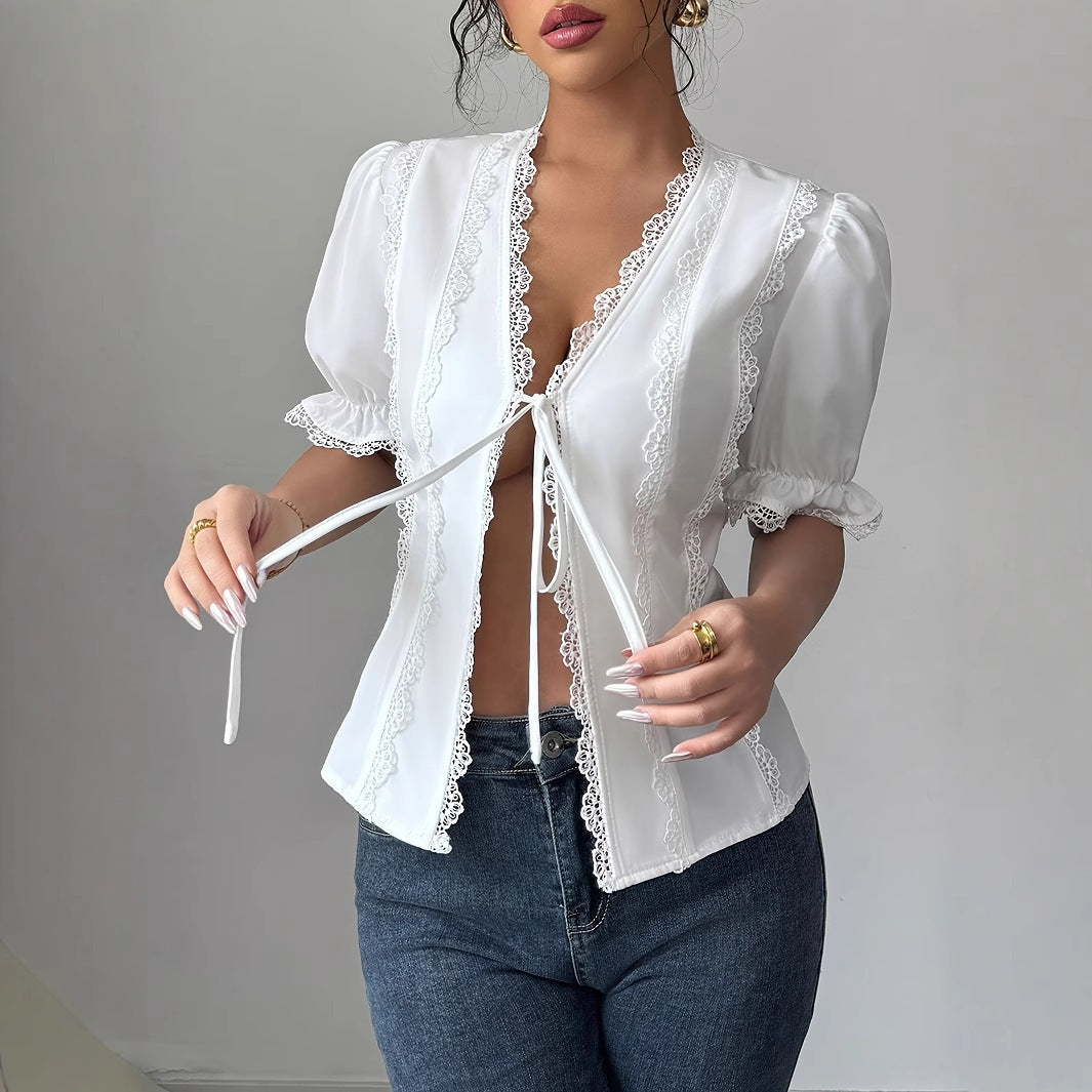 Women's Casual Short Sleeved V-neck Lace Up Pleated Patchwork Solid Color Shirt