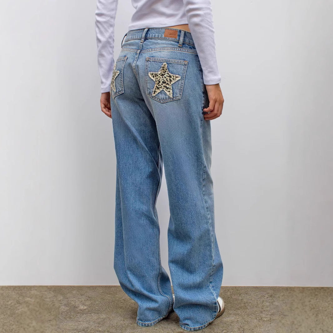 Retro Street Leopard Print XINGX Patchwork Stitching Straight Jeans