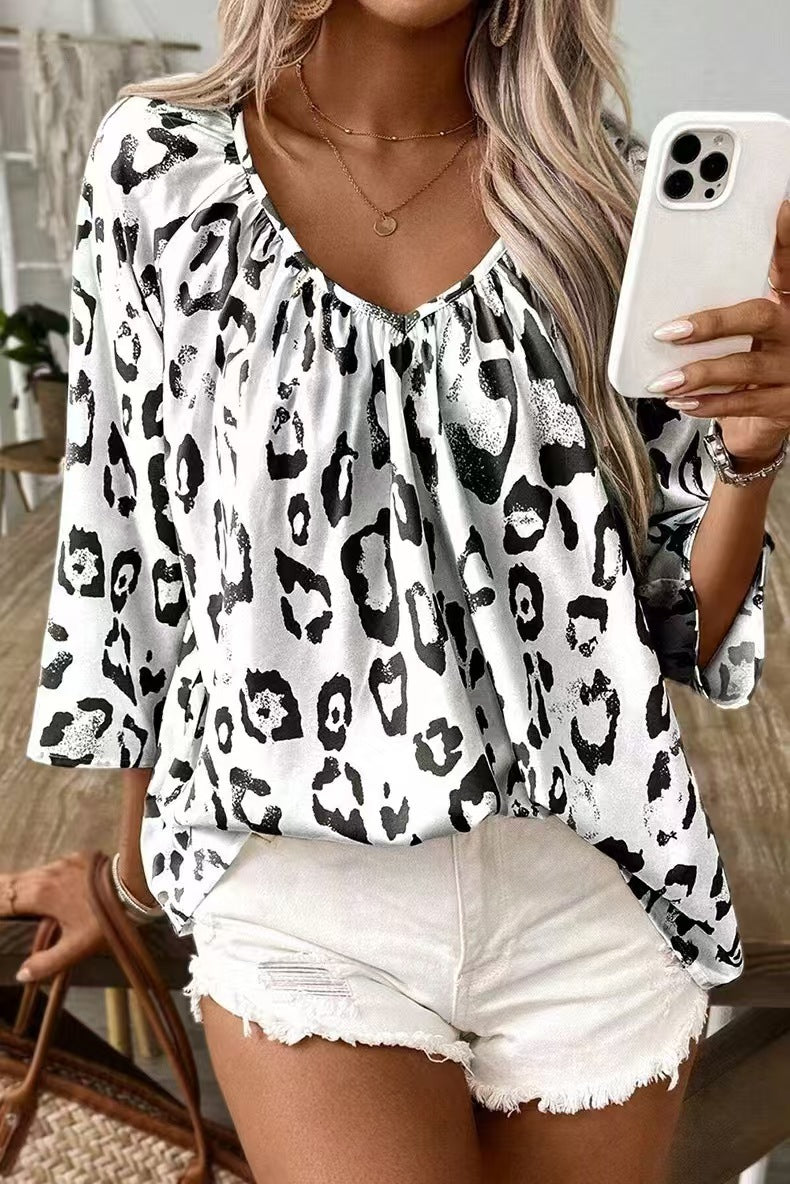 Spring And Summer Women's Top Leopard Print V-neck Pleated Seven Quarter Sleeve Shirt Temperament Commuting