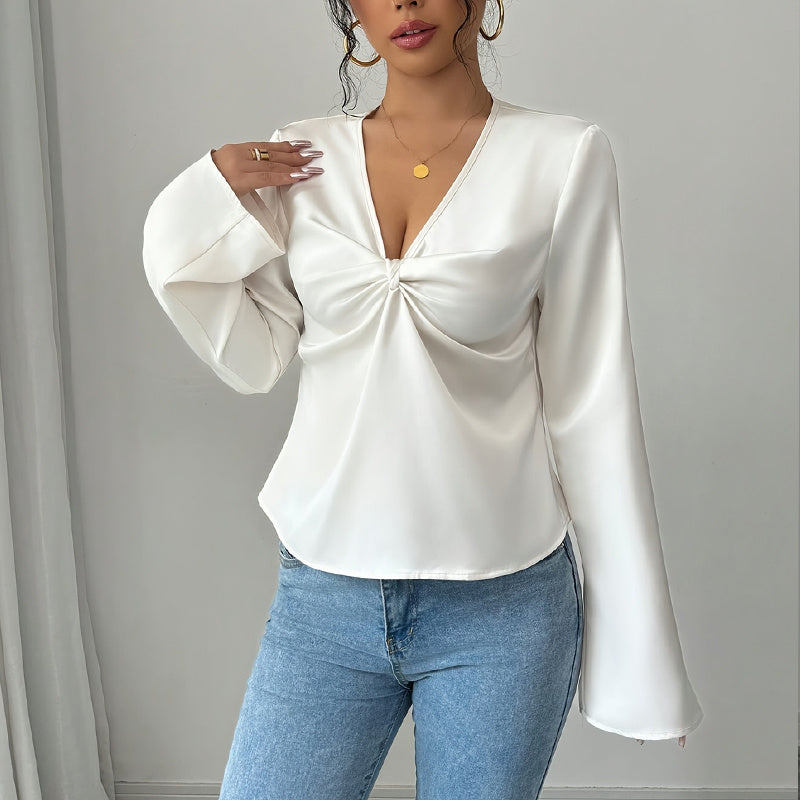 Women's Elegant Solid Color V-neck Ruffled Front Flared Sleeve Shirt