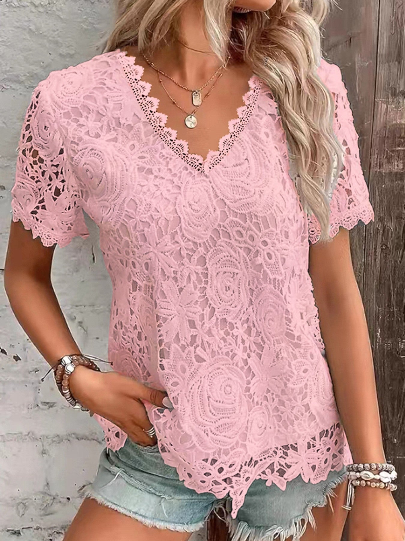New Women's Fashion Tops T-shirt Lace Short Sleeve