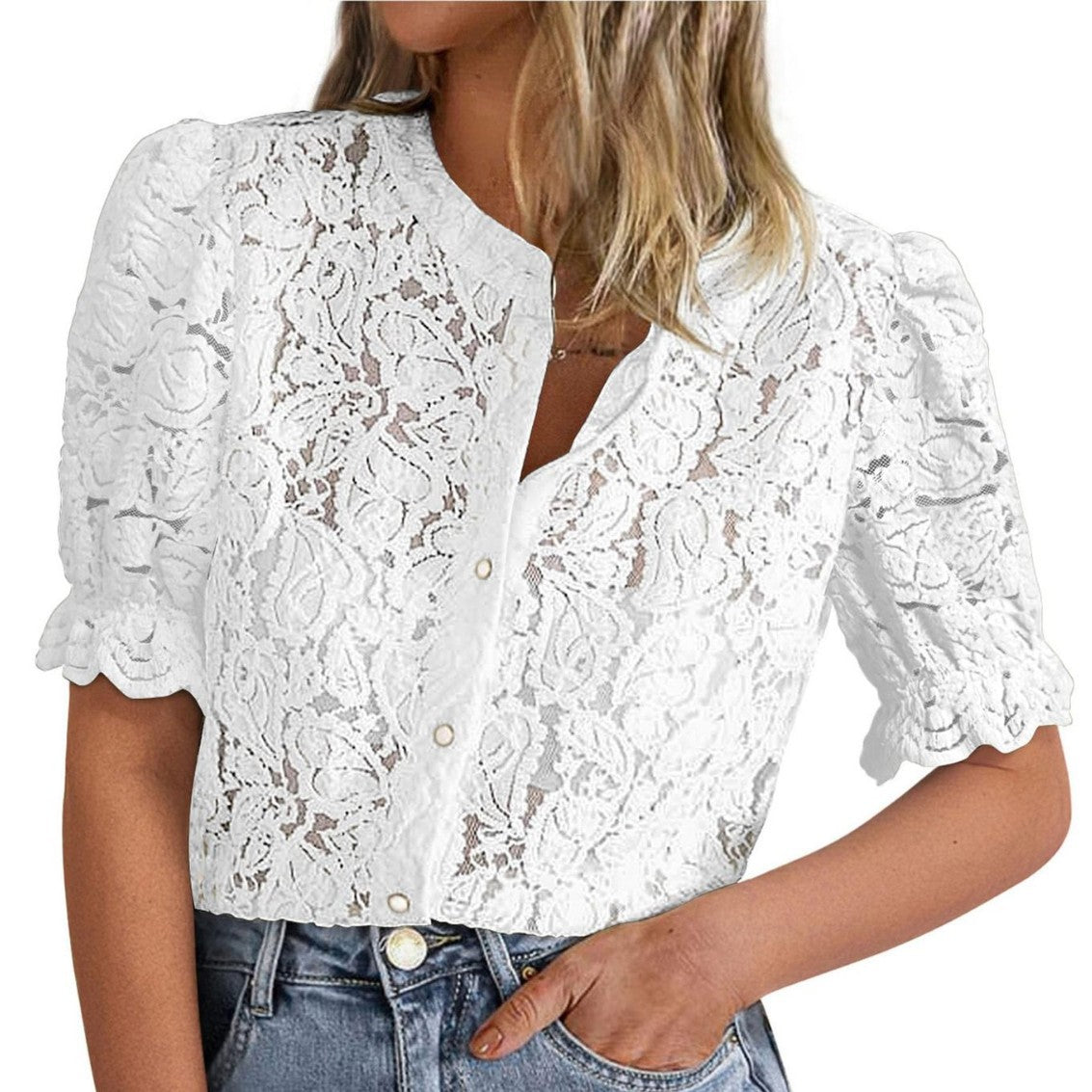 European And American Summer Lace Short Sleeve Casual Button Shirt