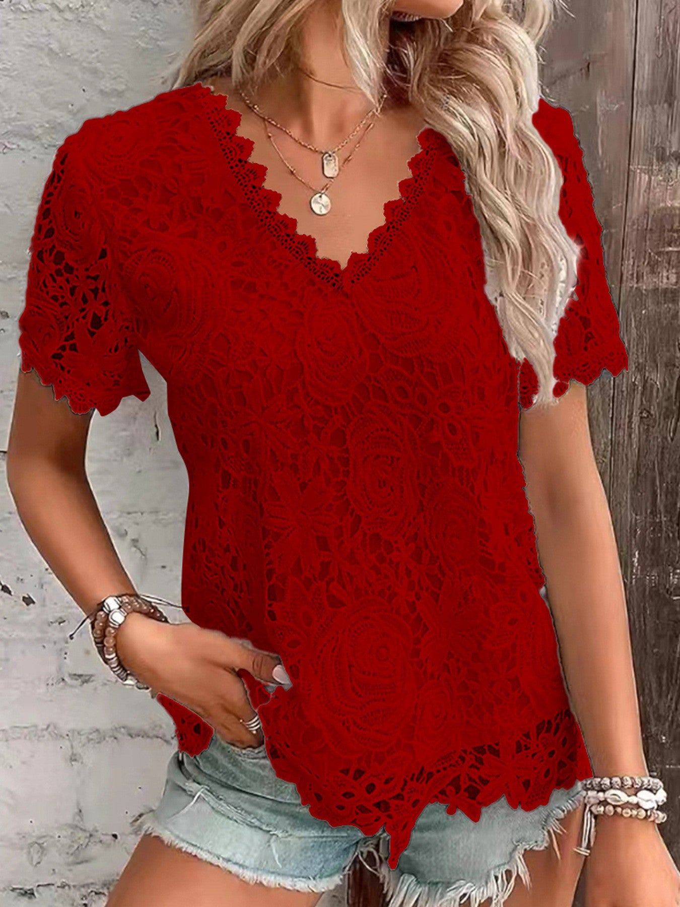 New Women's Fashion Tops T-shirt Lace Short Sleeve