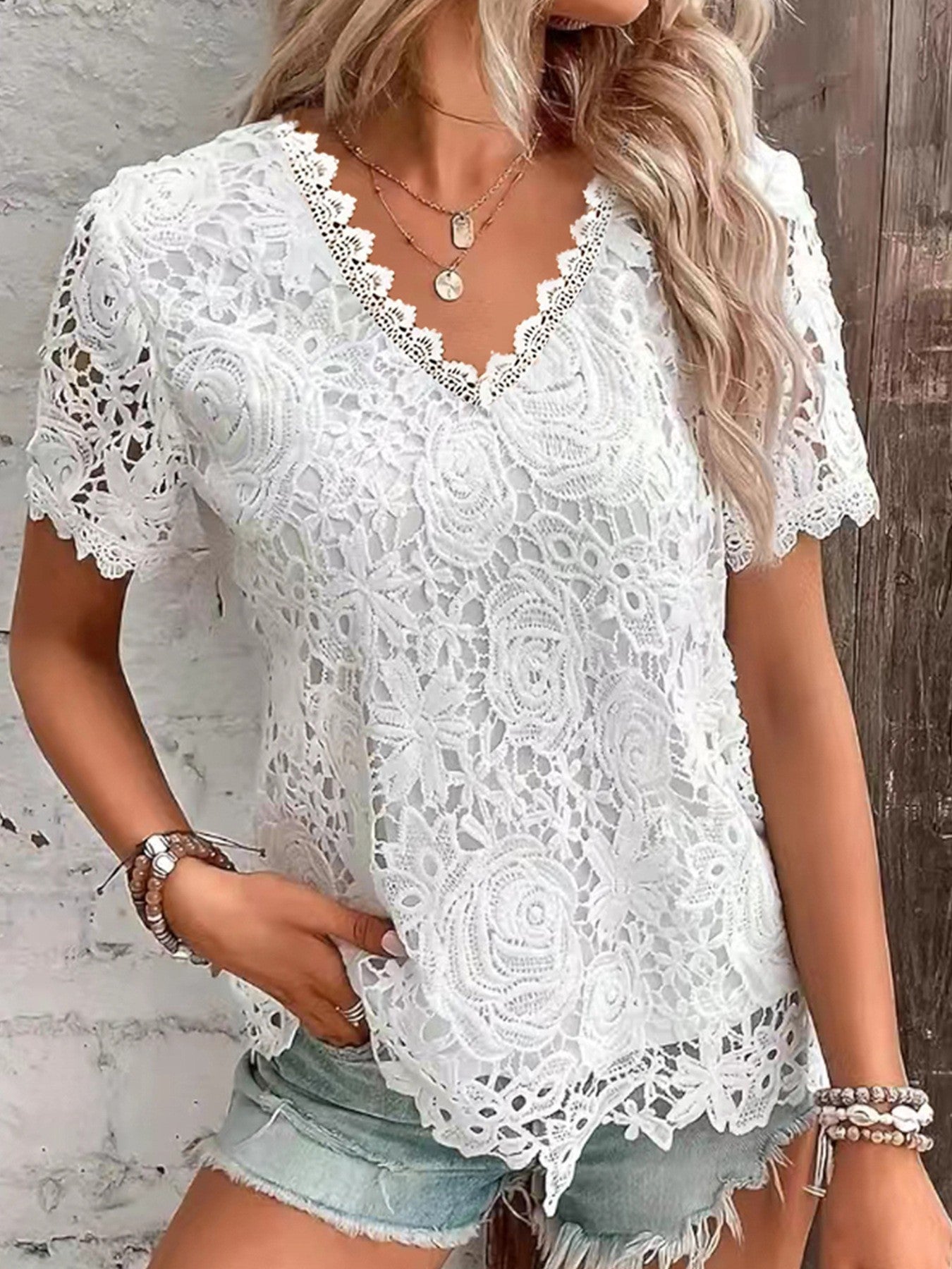 New Women's Fashion Tops T-shirt Lace Short Sleeve