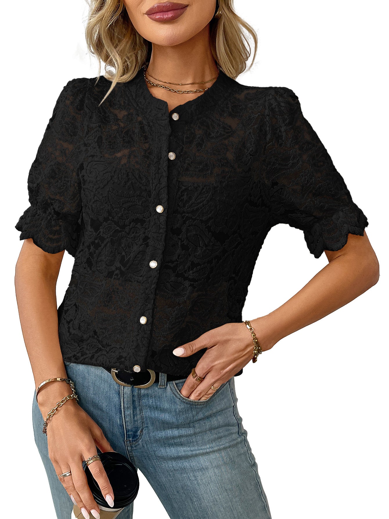 European And American Summer Lace Short Sleeve Casual Button Shirt