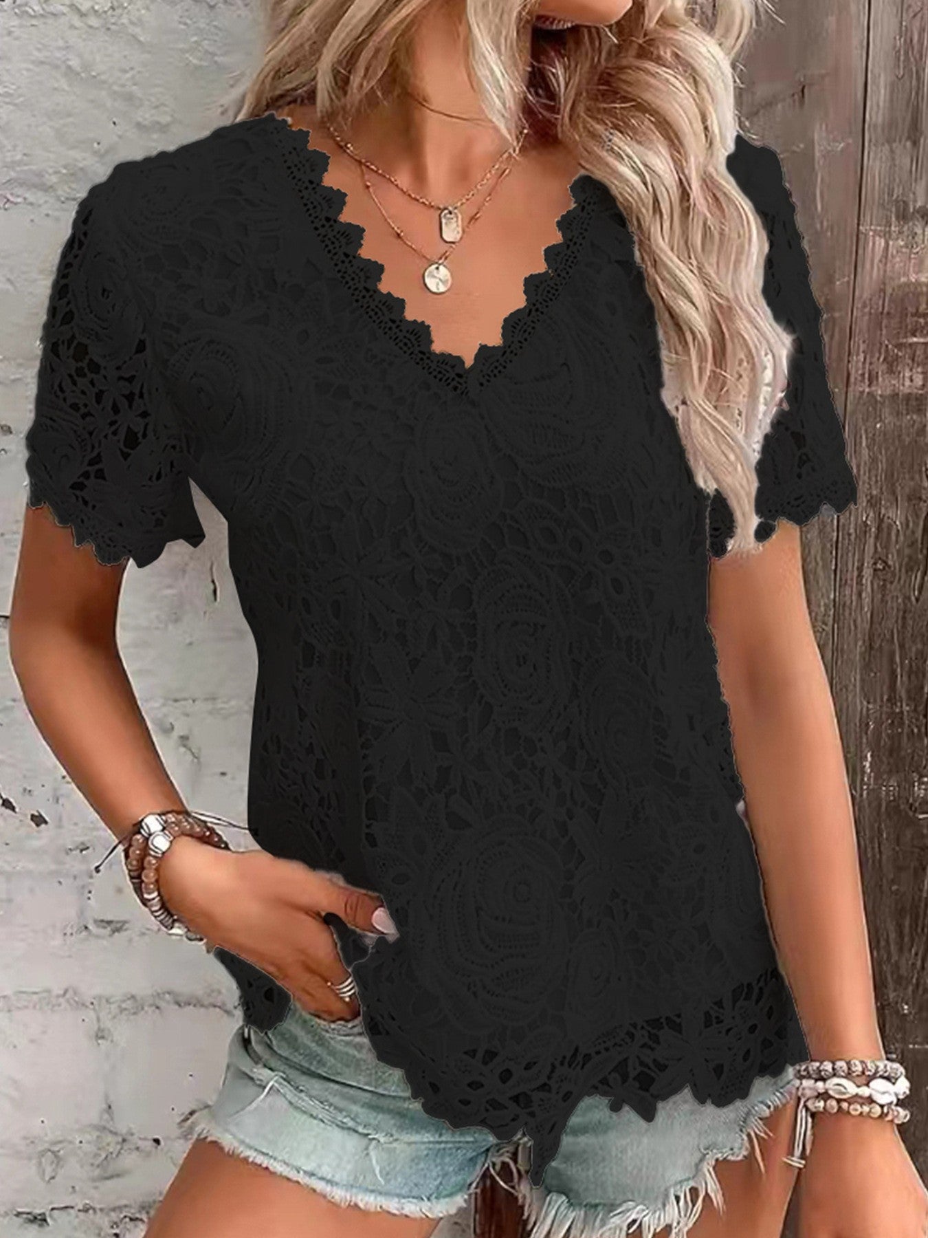 New Women's Fashion Tops T-shirt Lace Short Sleeve