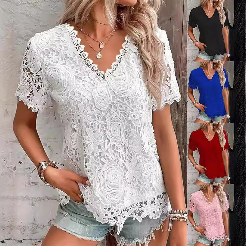 New Women's Fashion Tops T-shirt Lace Short Sleeve