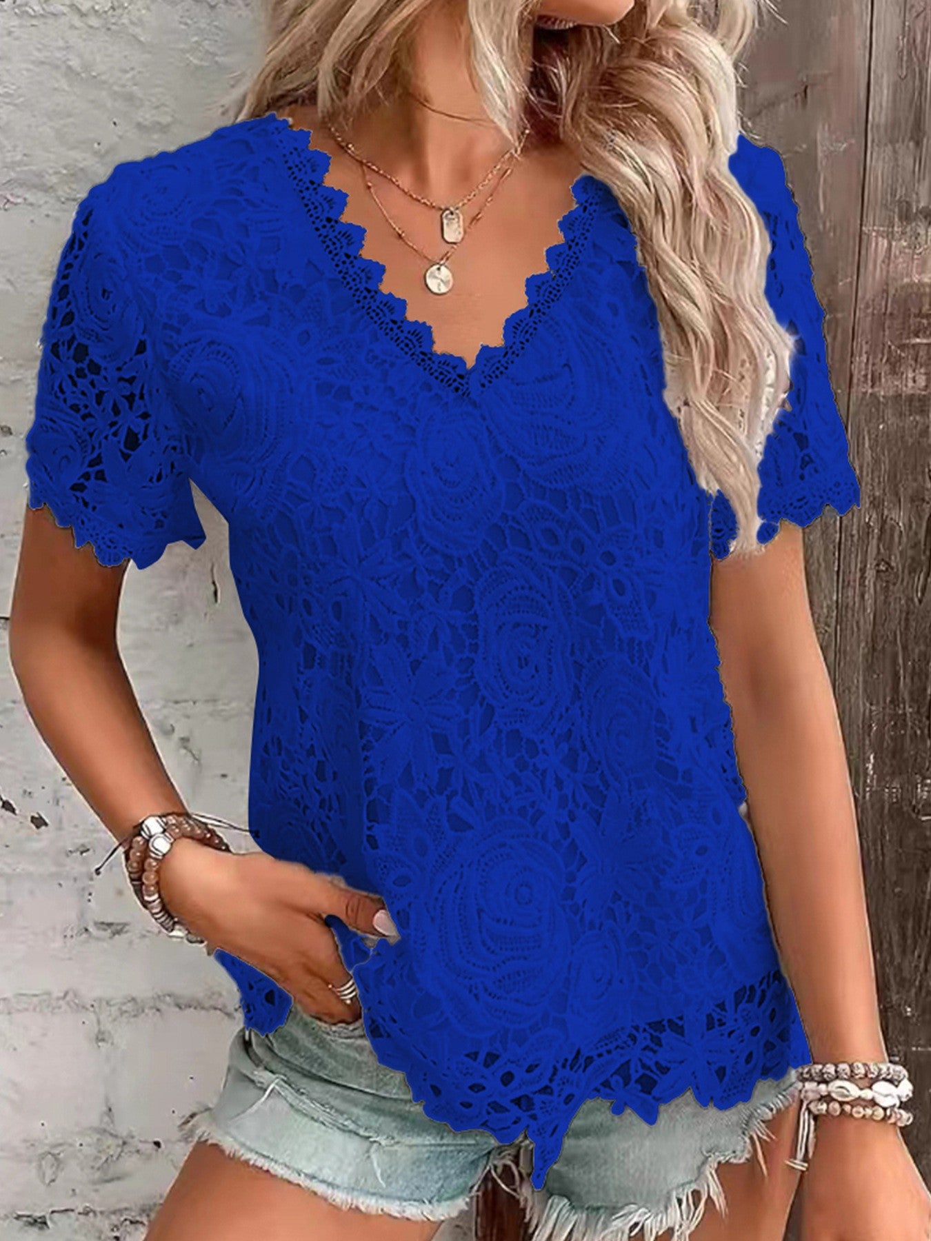 New Women's Fashion Tops T-shirt Lace Short Sleeve