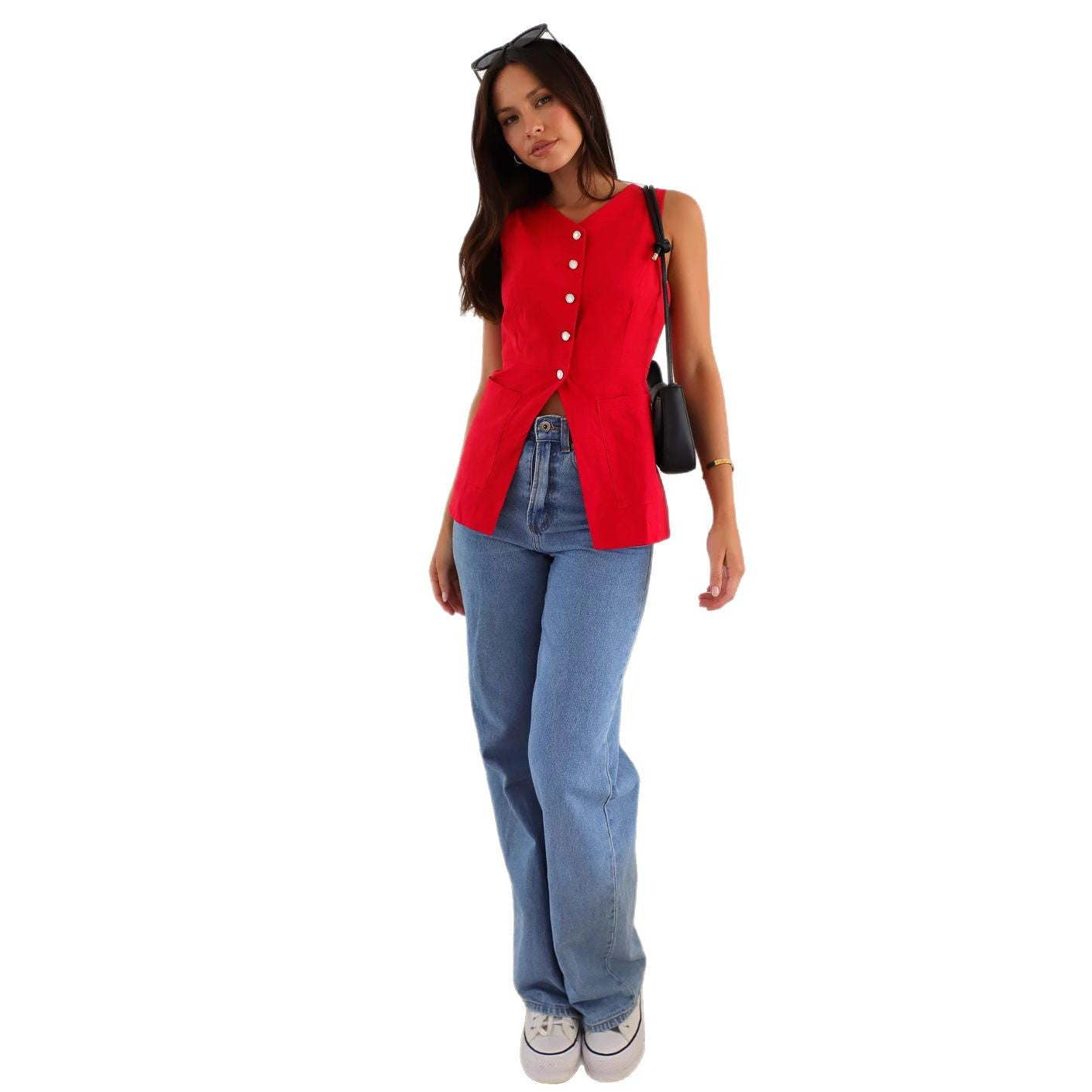 Solid Color And V-neck Sleeveless Vest Design Vest