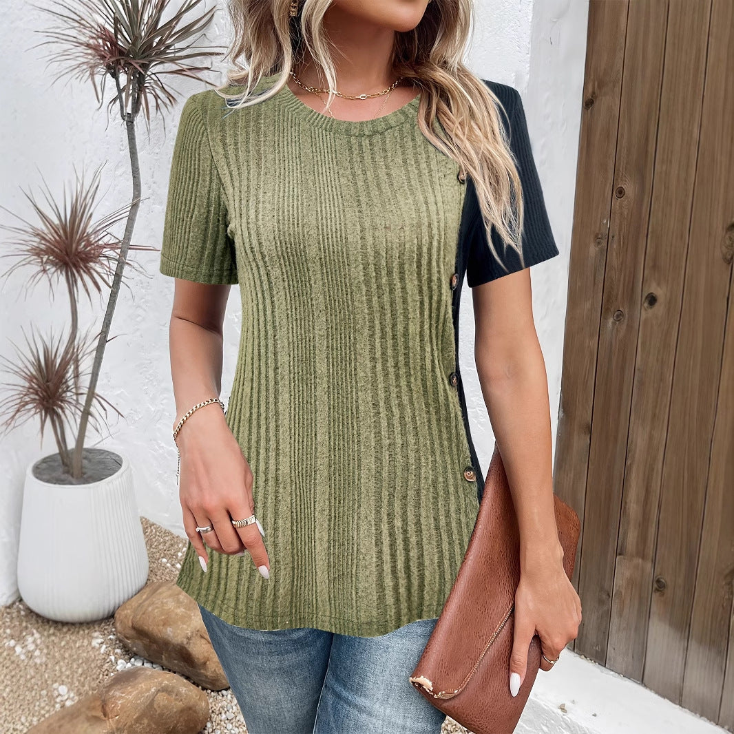 Women's Fashion Fake Button Contrasting Short Sleeved Pullover Top