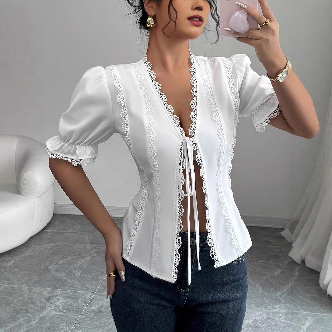 Women's Casual Short Sleeved V-neck Lace Up Pleated Patchwork Solid Color Shirt