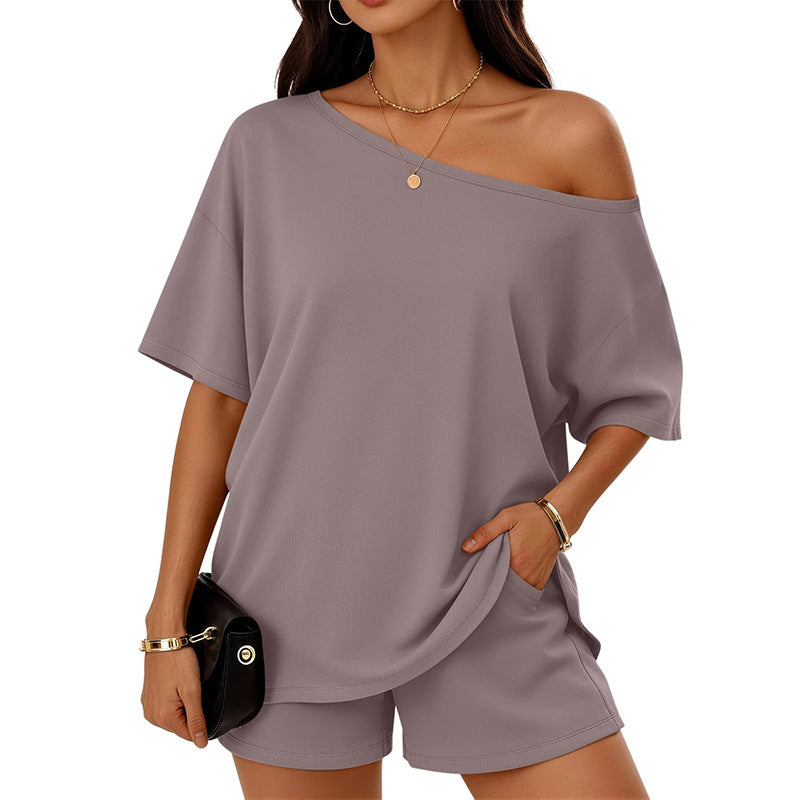 Womens 2-piece Fashionable Casual Set Slant-Neck Top And Shorts For Loungewear Daily Wear Work Gym Outfit