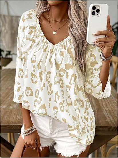 Spring And Summer Women's Top Leopard Print V-neck Pleated Seven Quarter Sleeve Shirt Temperament Commuting