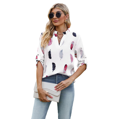 V-neck Feather Printed Sleeves Loose Shirt
