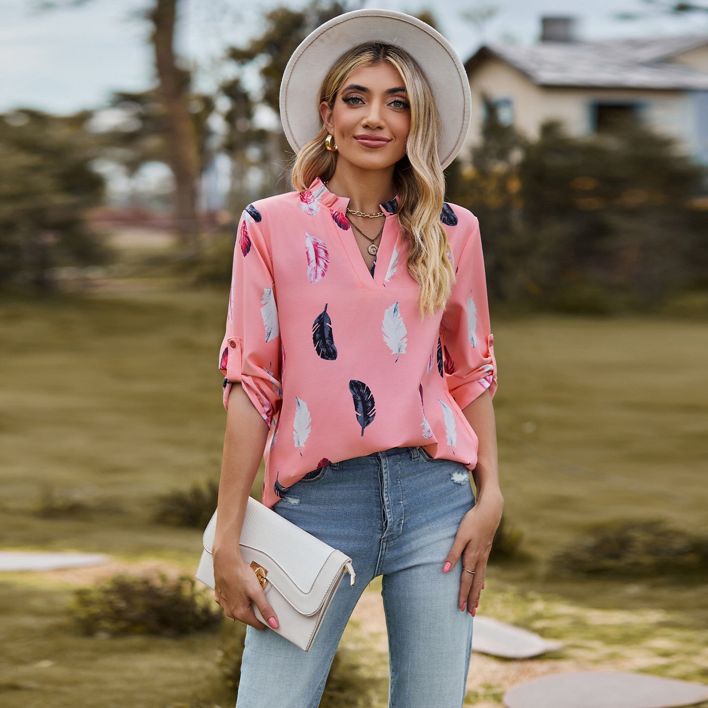 V-neck Feather Printed Sleeves Loose Shirt