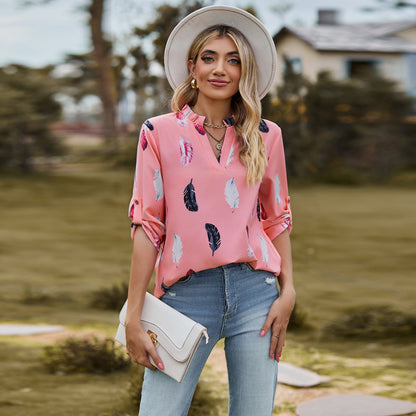 V-neck Feather Printed Sleeves Loose Shirt