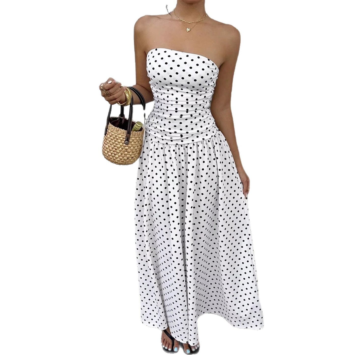 Off-the-shoulder Polka-dot A-line Waist-cinched Figure-flattering Dress