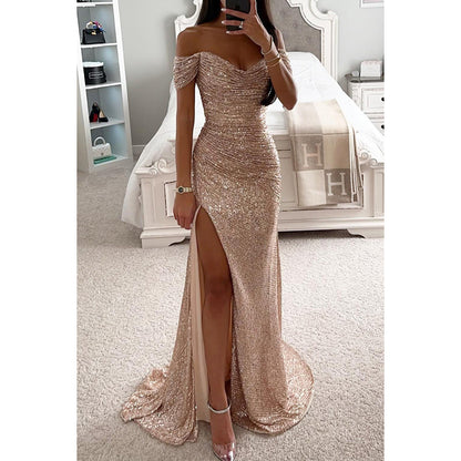 Party Sequins Off-neck Split Dress .Casual Fashion Dress For Women
