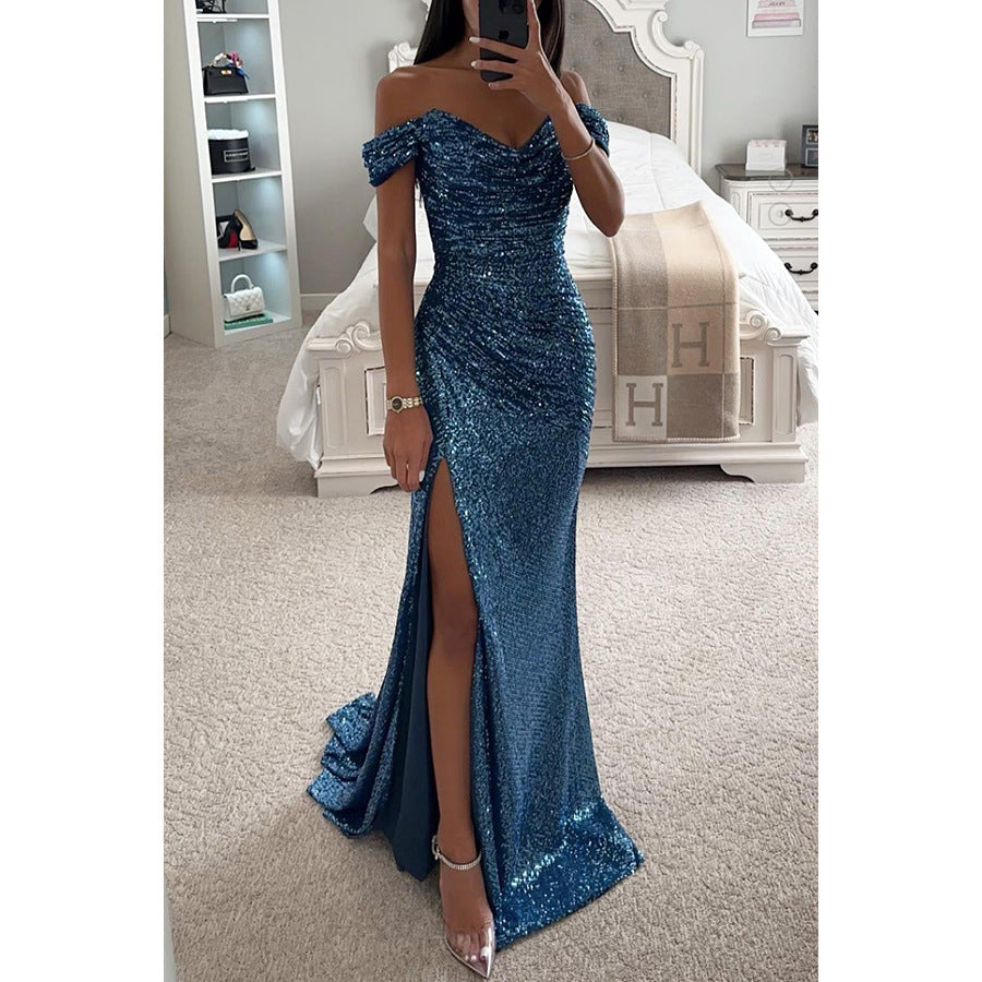 Party Sequins Off-neck Split Dress .Casual Fashion Dress For Women