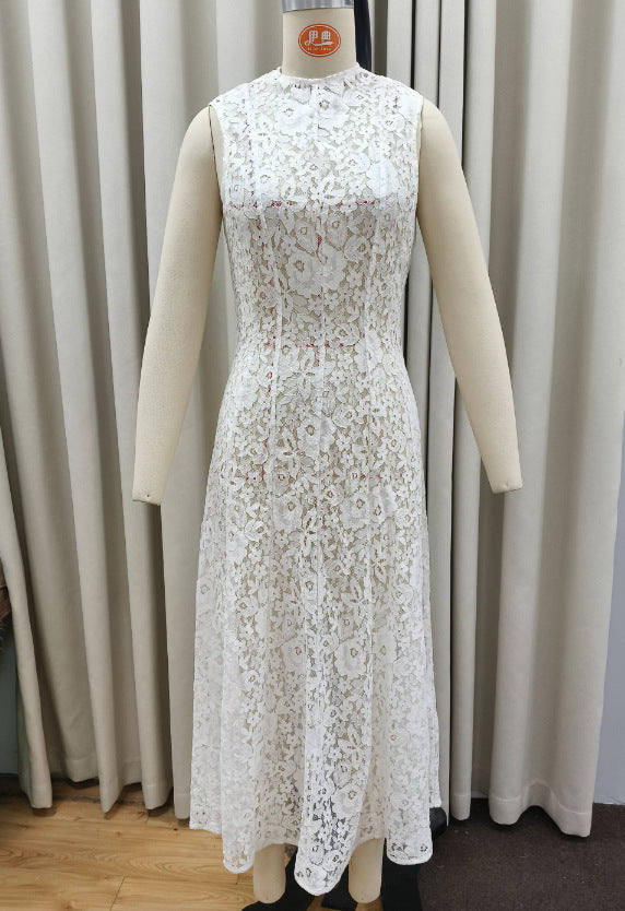 Half Turtleneck Sleeveless Lace.High Waist Slim Fit Dress European And American