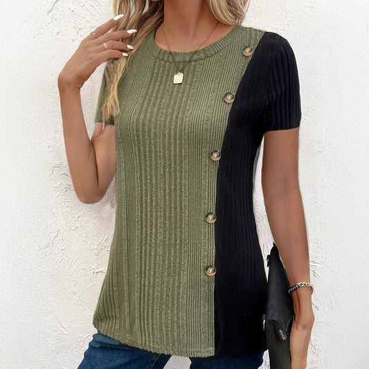 Women's Fashion Fake Button Contrasting Short Sleeved Pullover Top