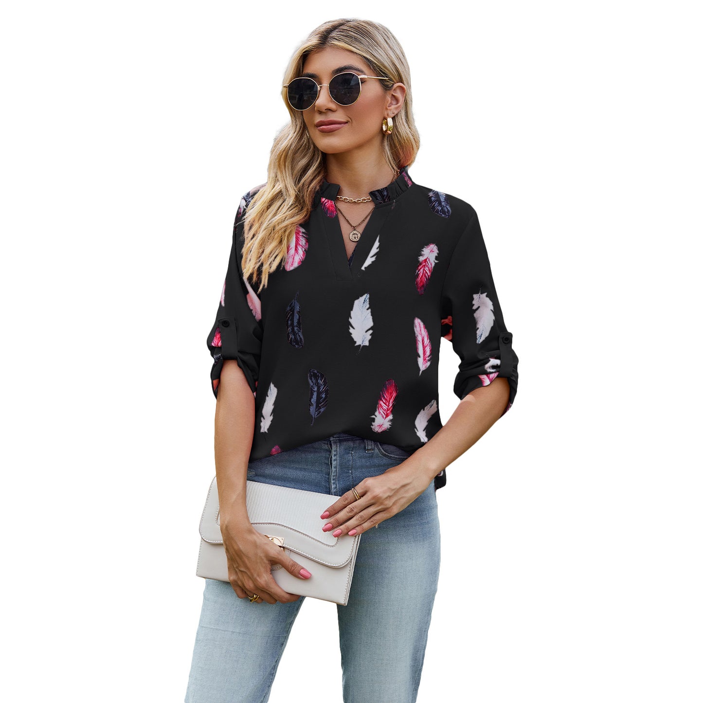 V-neck Feather Printed Sleeves Loose Shirt