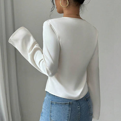 Women's Elegant Solid Color V-neck Ruffled Front Flared Sleeve Shirt