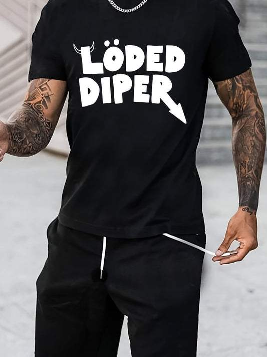 LODED DIAPER Letter Printed Men's Round Neck Short Sleeved T-shirt, Suitable For Daily Wear And Casual Summer Wear In Vacation Destinations