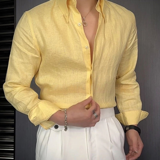 Men's Fashionable British Long Sleeved Breathable Linen Slim Fit Versatile Casual Shirt