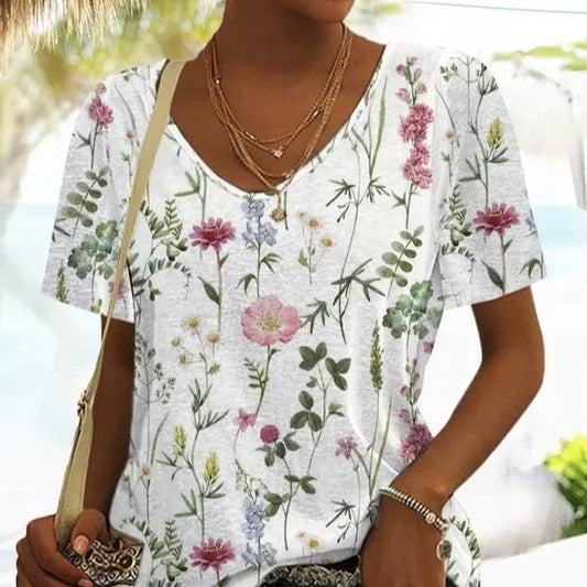 Women's Floral Short Sleeved Vacation Pullover V-neck Casual Top T-shirt