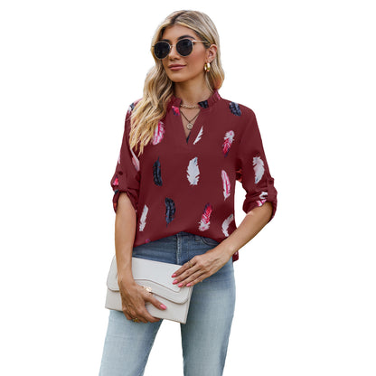 V-neck Feather Printed Sleeves Loose Shirt