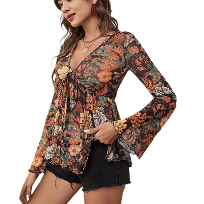 New Mesh Printed Front Knotted Flare Sleeve T-shirt Long-sleeved Top For Women
