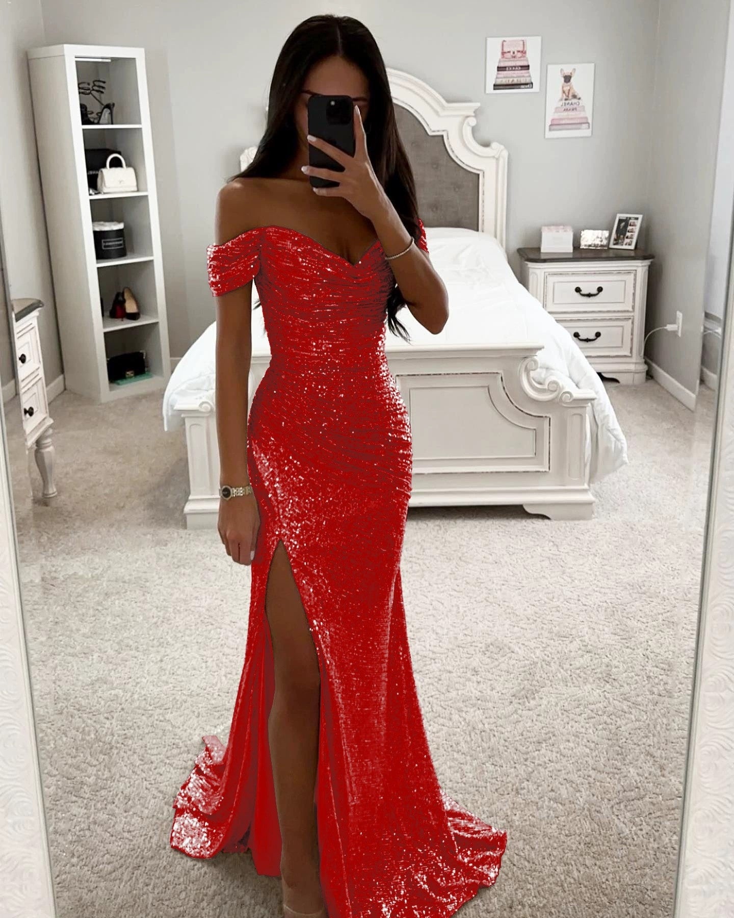 Party Sequins Off-neck Split Dress .Casual Fashion Dress For Women