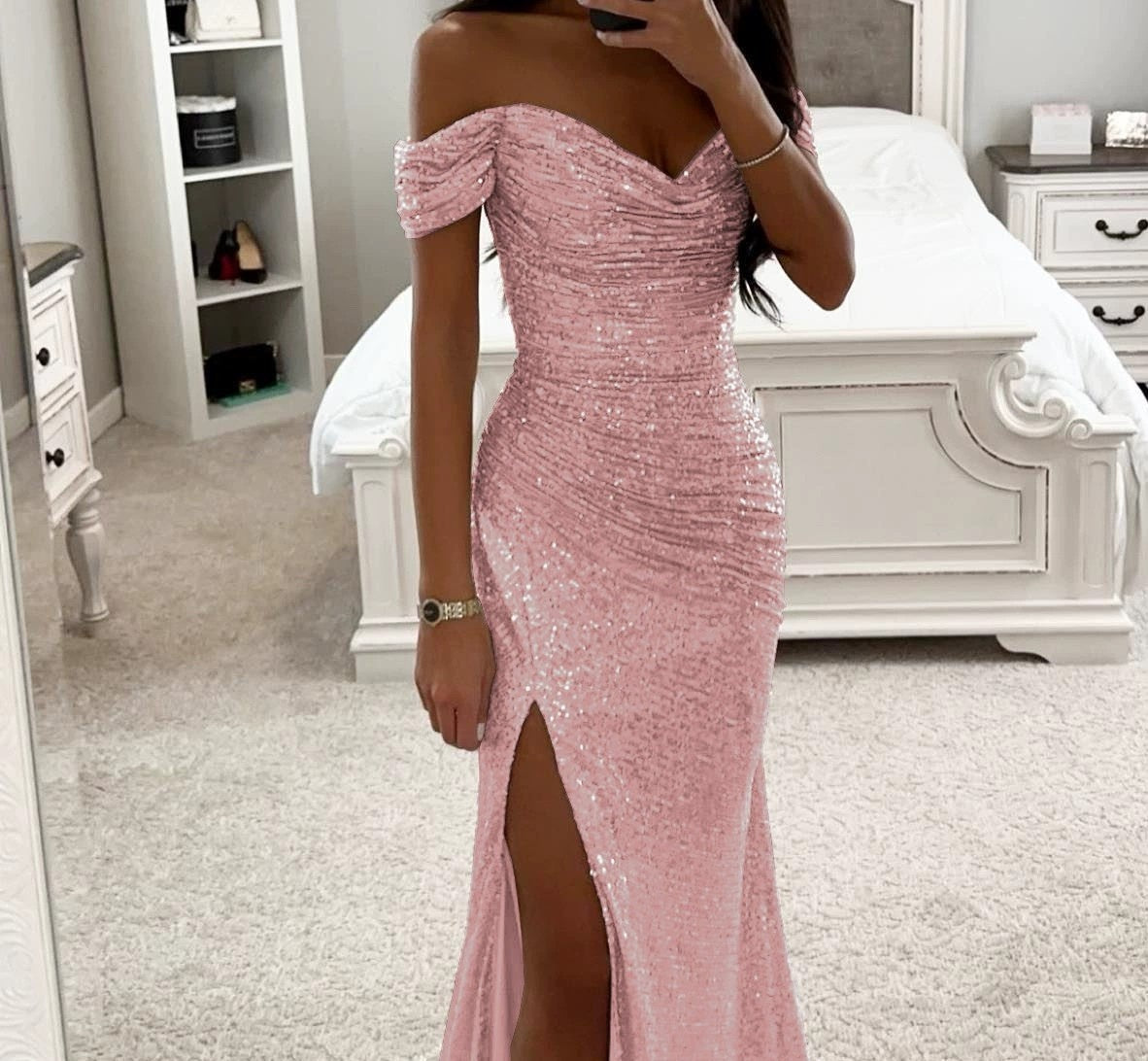 Party Sequins Off-neck Split Dress .Casual Fashion Dress For Women