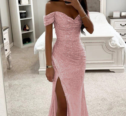 Party Sequins Off-neck Split Dress .Casual Fashion Dress For Women