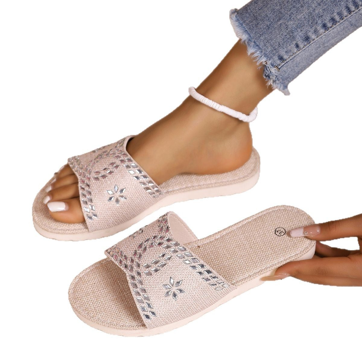 Plus Size Rhinestone Platform Slippers Casual Round Toe Canvas Sandals