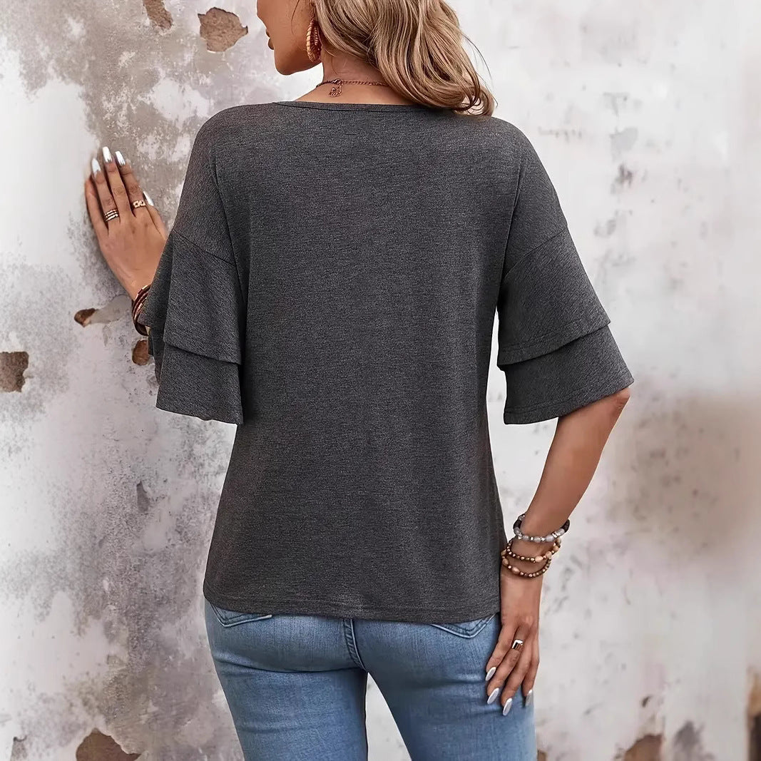 Women's V-neck Flounce Fashion T-shirt