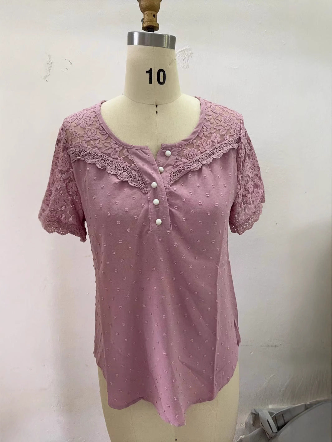 European And American Women's Clothing Lace V-neck Patchwork T-shirt