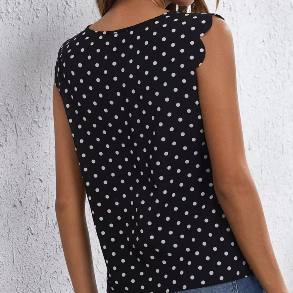 Ladies' Round Neck Wavy Sleeves Detail Off Shoulder Polka Dot Shirt