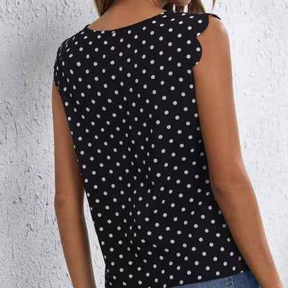 Ladies' Round Neck Wavy Sleeves Detail Off Shoulder Polka Dot Shirt