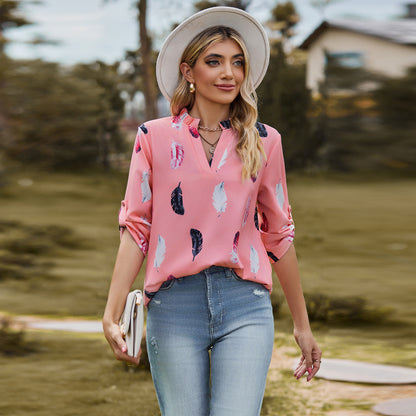 V-neck Feather Printed Sleeves Loose Shirt