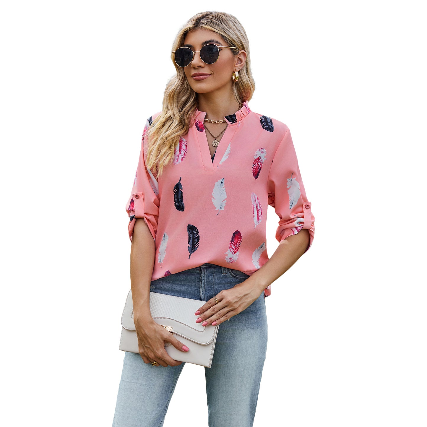 V-neck Feather Printed Sleeves Loose Shirt