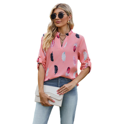 V-neck Feather Printed Sleeves Loose Shirt