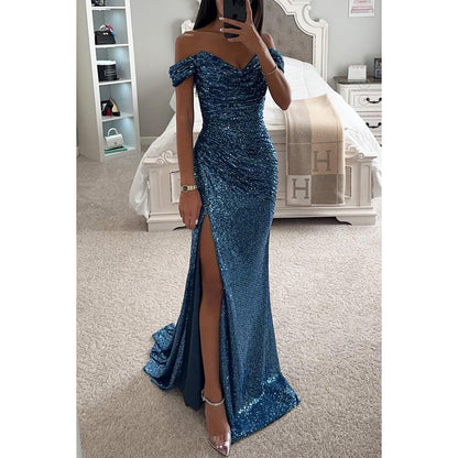 Party Sequins Off-neck Split Dress .Casual Fashion Dress For Women